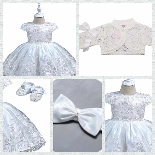 Baby Taufkleid+Stirnband+Schuhe+Bolero Spitze Taufe Taufoutfit Partykleid weiß