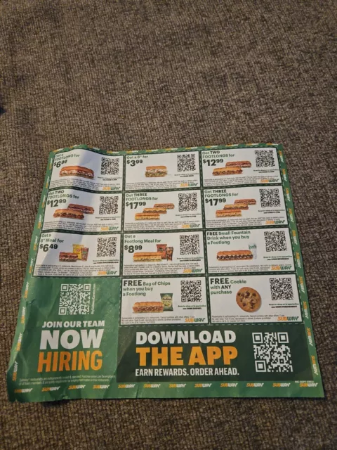 ⭐ SUBWAY COUPONS!!! 2X Sheets = 28 Coupons In All!!! Exp 12/31/23 ⭐ $2.00 -  PicClick