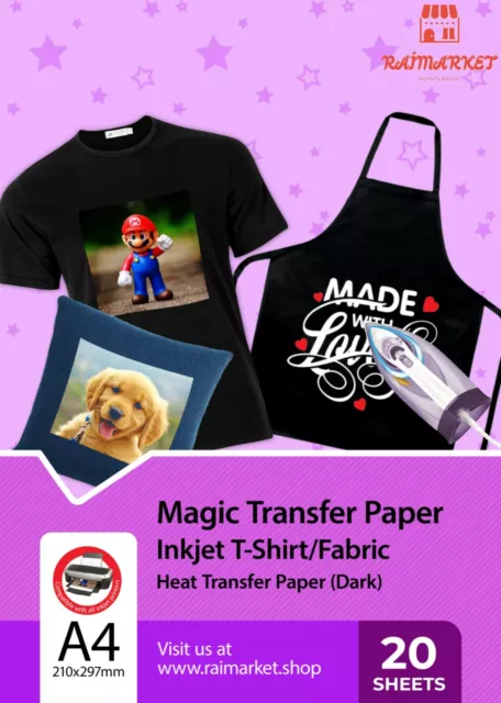 20x A4 Aufbügeln T-Shirt Transferpapier für dunklen Stoff Wärme Presse Tintenstrahldrucker