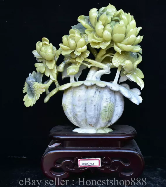 17.2" China Natural Xiu Jade Carving Flower Bird Flower Basket Base Sculpture