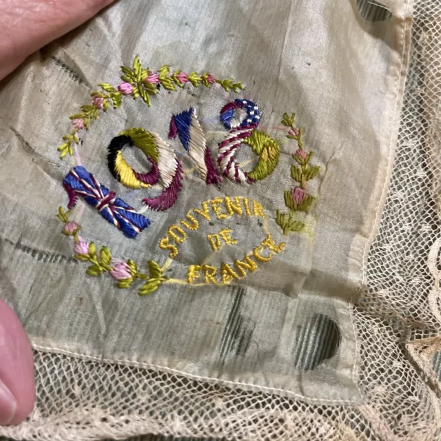 2 Antique 1918 WWI Embroidered Silk/Linen Handkerchief Souvenir Of France