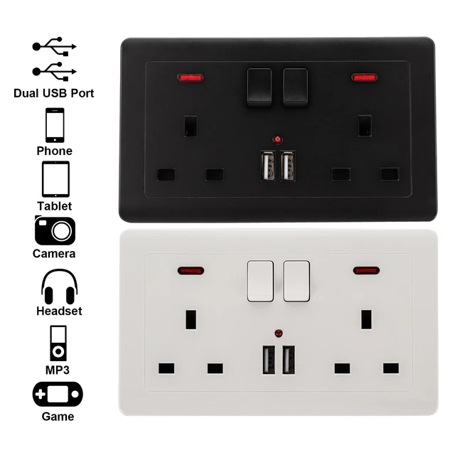 DOUBLE WALL PLUG Socket 2 Gang 13A with 2 USB Ports Screwless Slim Flat