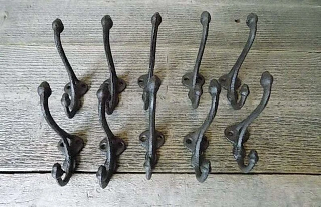 Antique Cast Iron Wall Hooks Dog Leash Garage Coat Hat Towel Hanging Set of 10 2