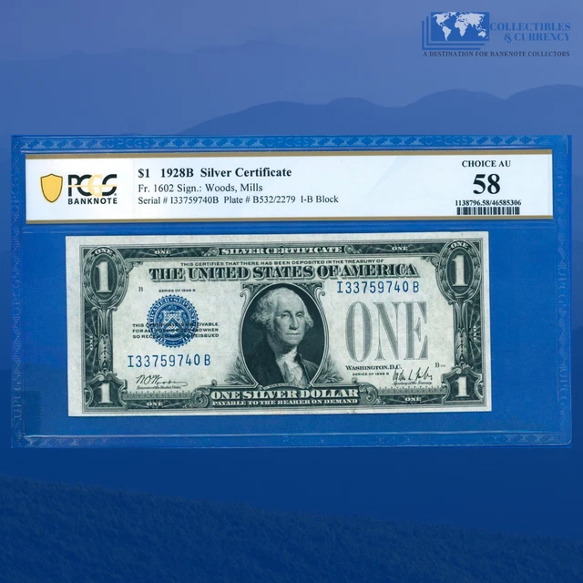 Fr.1602 1928B $1 Silver Certificate Blue Seal, "FUNNYBACK", PCGS 58 #59740