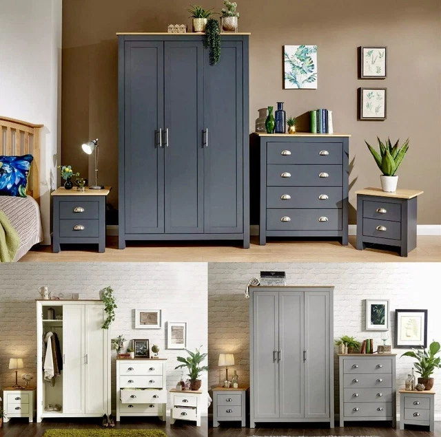 Juego de muebles de dormitorio de 3/4 piezas gama Lancaster armario 4 cajones mesa pecho