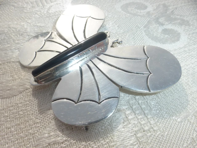 Amazing Vintage Large Thick Sterling Silver Taxco Black Onyx Butterfly Brooch