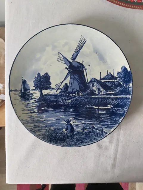 Vintage Delft Blauw Handpainted Blue & White Plate Windmill