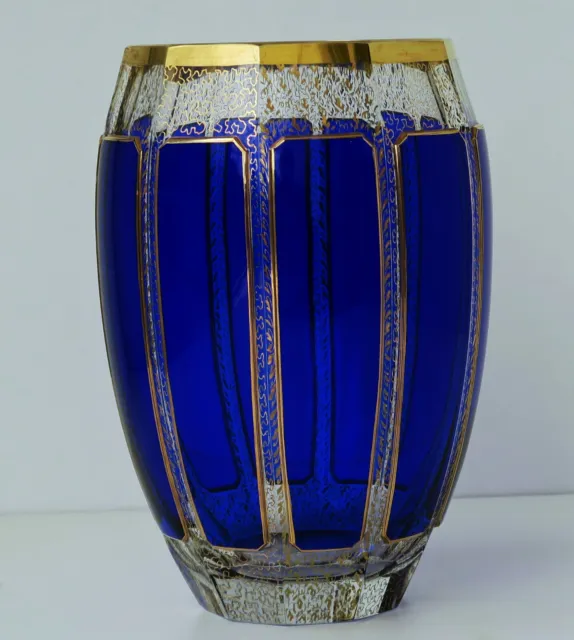 Bohême MOSER Carlsbad  Vase Cristal Facetté à Pans Overlay Bleu et Doré ca 1920