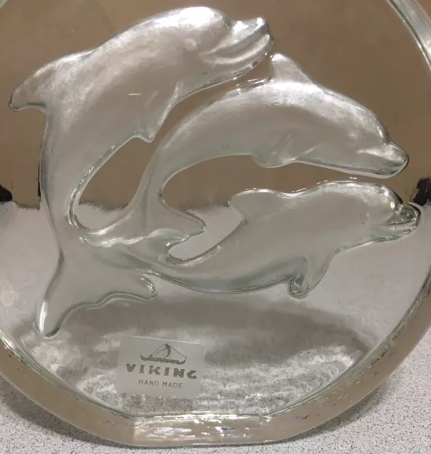 Hand Made Art Glass VIKING 3 Dolphins Clear & Frosted Glass