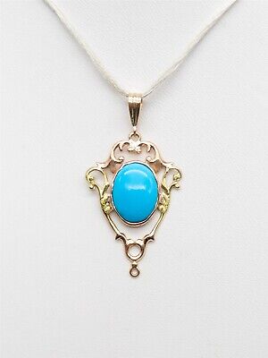 Antique Victorian 1890s 4ct Natural Turquoise 14k Rose Yellow Gold Pendant BIG
