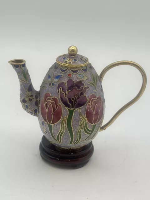 Cloisonné Lavender Teapot 3.5” Miniature With Tulips Brass And Enamel