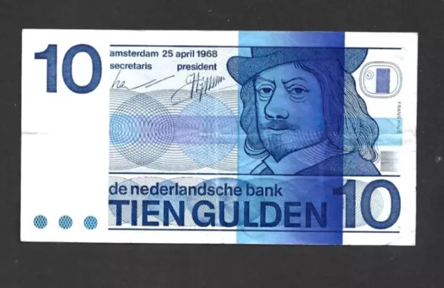 10 Gulden Very Fine  Banknote From  Netherlands 1968  Pick-91