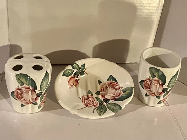 Crown Heritage soap dish , toothbrush  holder & cup  pink roses Bathroom decor