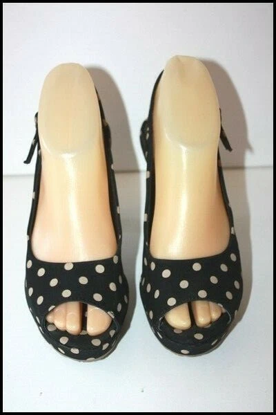 Sandales à Talons ANDRE Taille 37 - Toile Imprimée Pois, Doublure Cuir, Occasion TBE