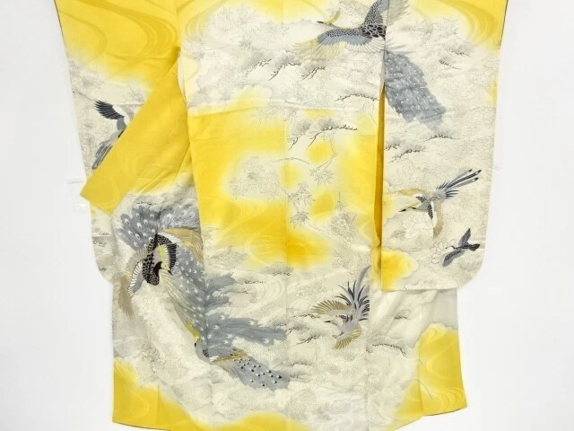 40513# Japanese Kimono / Antique Furisode / Embroidery / Bird & Peony