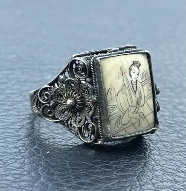 Antique Chinese Export Silver Adjustable Filigree Ring