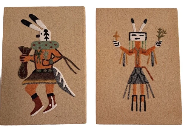 W.Yazzie Navajo Native American Pair of Sandpaintings Kachina Yee 5" x  7"