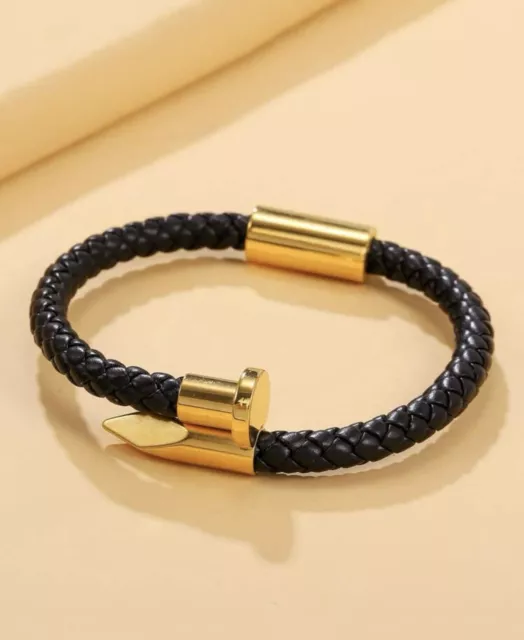 Bracelet Design Clou Acier Inoxydable Torsadé Similicuir Noir Doré Or Jaune Mode