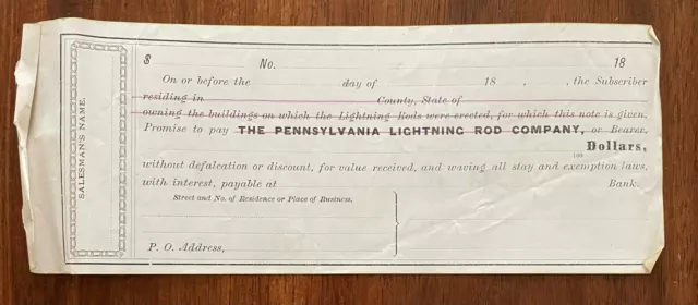 1800s receipt document Pennsylvania Lightning Rod Co for placing rods sample