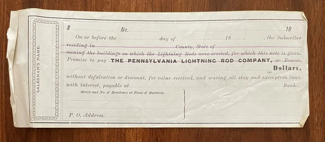 1800s receipt document Pennsylvania Lightning Rod Co for placing rods sample