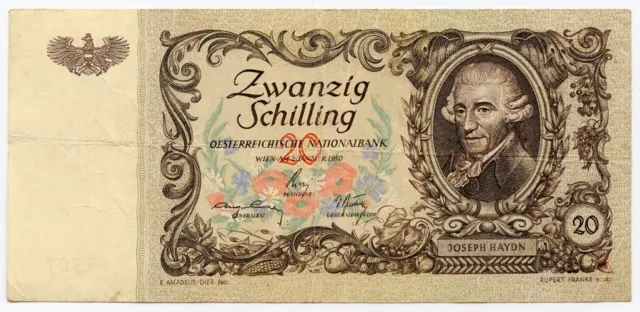 AUSTRIA 1950 ISSUE 20 SHILLING BANKNOTE SCARCE CRISP VF PICK#129a.