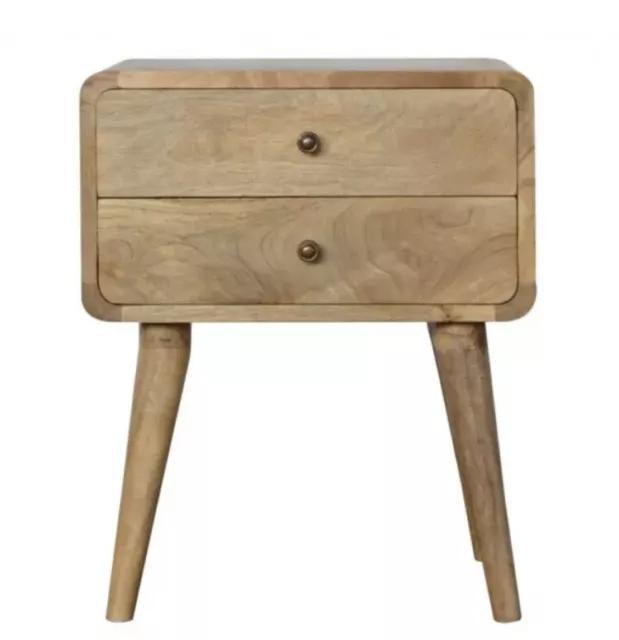 Handmade 2 Drawer Curved Bedside Table Solid Mango Wood Scandi Style