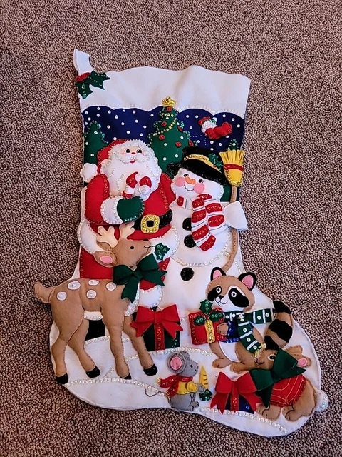 Vtg Completed Bucilla Felt Christmas Stocking, Santa & Woodland Friends, 23.5"
