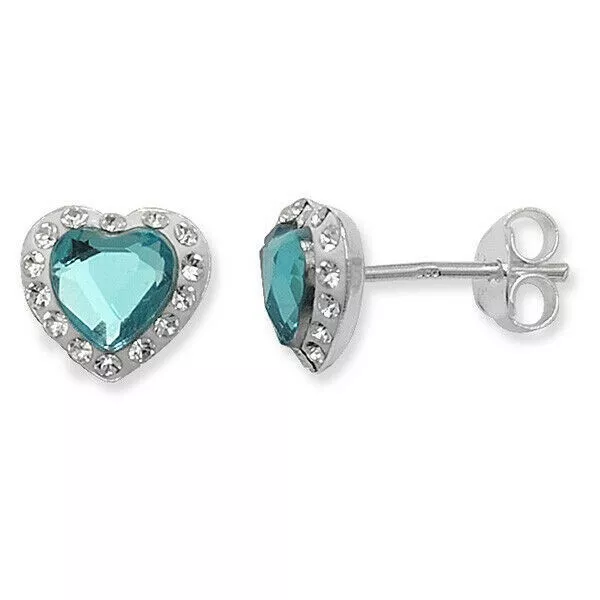 Blue Topaz Heart Earrings Sterling Silver Rhodium British Made Hallmark 925