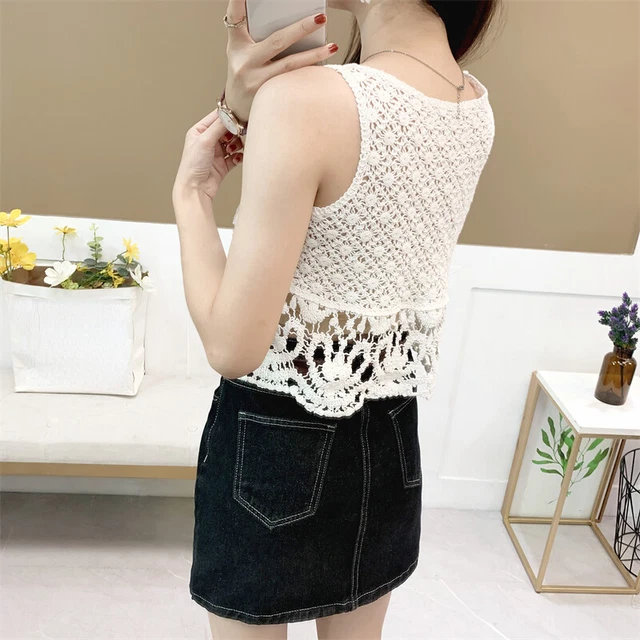Haut Asymétrique Femme Blanc – Crochet, Manches 3/4, Motif Floral, Taille Unique