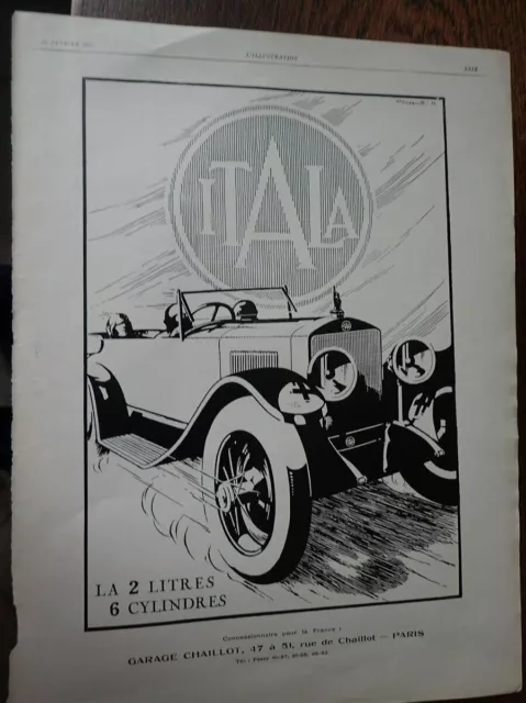 ITALA 2 litres 6 cyl garage CHAILLOT à PARIS publicité papier ILLUSTRATION 1926