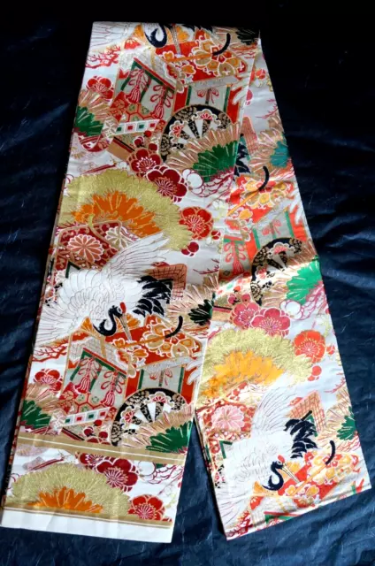 Maru Obi Japanese Kimono Antique Woven Classic Belt Silk Carriage Crane Gold