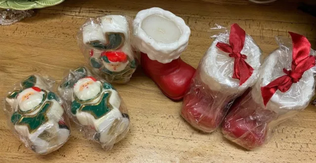 6 Vintage Christmas Candles Boot w poinsettia & Santa in JOY Word Cute NOS