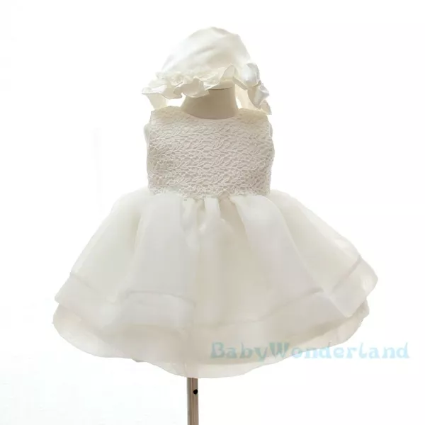 Baby Girls 2 Pcs Set Formal Christening Gown Baptism Gown Dresses + Bonnet 0-2Yr