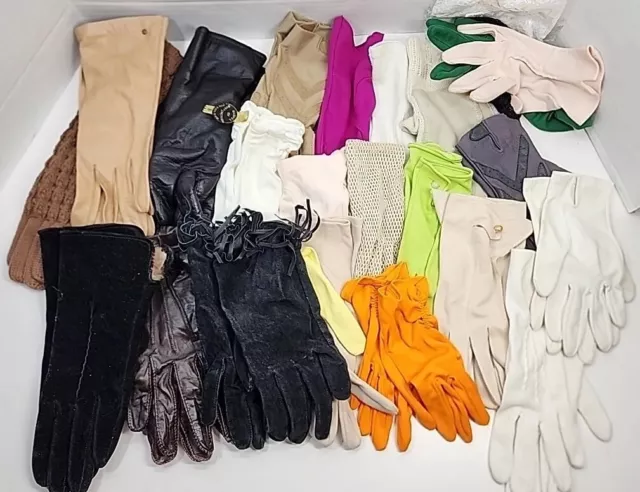 Womens Junk Drawer Lot Gloves 21 Pair Variety Sizes & One Size Leather Dress Vtg