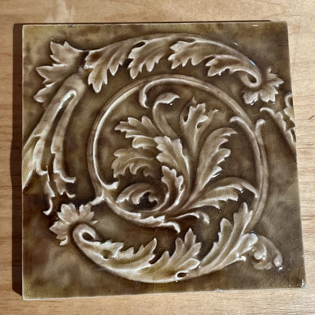 A.E.Tile Co. 6" sculpted swirling laurel leaf wall tile,antique,USA