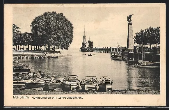 Konstanz, Gondelhafen mit Zeppelindenkmal, Ansichtskarte 1925