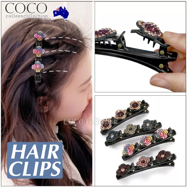 4PCS Floral Clip Crystal Stone Braided Hair Clips Double Bang Braided Hairpin