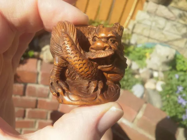 1a.. Hand Carved wood netsuke Dragon curled upright collectable boxwood figure 3