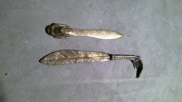 2 Lot Brass Vintage Letter Openers 1) Hound and 1) Feather and claw