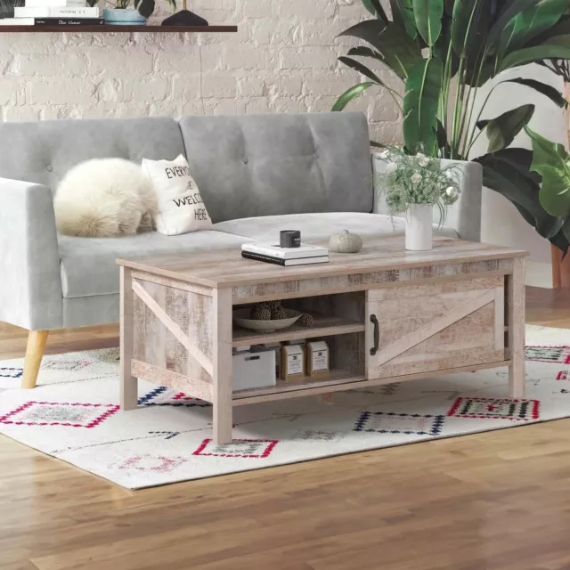 Modern Coffee Table with Sliding Barn Door Wood Farmhouse Center Cocktail Table