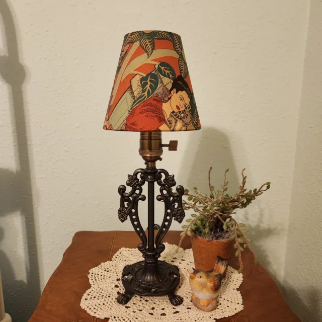 Vintage Cast Iron Lamp Base with Frida Khalo Fabric Clip-On Lamp Shade