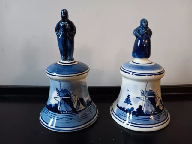 2 Vintage Delft Blue Hand Painted Holland Dutch Windmill Bells 5" - Lot of 2