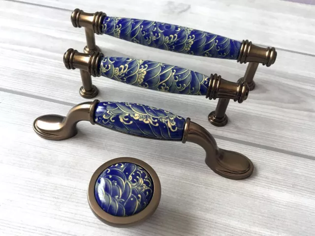Blue waves Dresser Knob Ceramic Pull Handles Gold Bronze Cabinet Door Handles