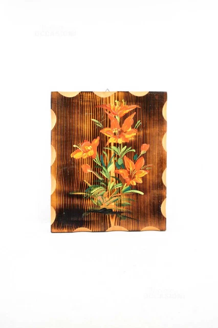 Quadro In Legno Dipinto Fiori Arancioni 35x30 Cm