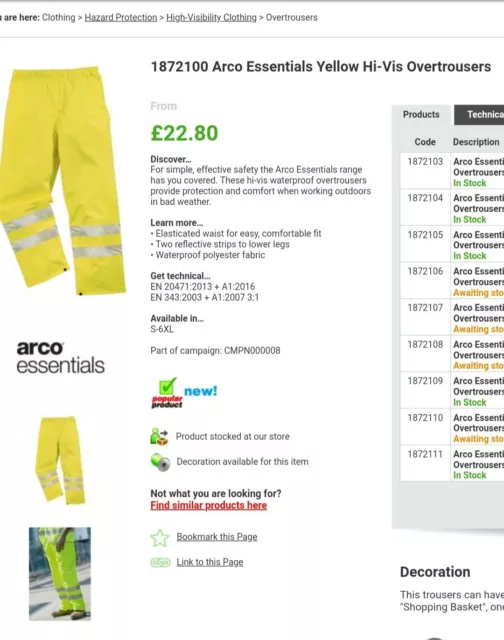 Arco Yellow GORE-TEX Hi-Vis Overtrousers, Arco, Work Trousers
