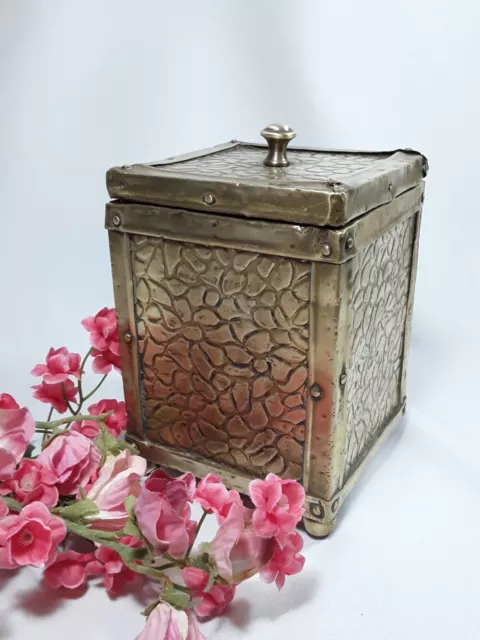 Antique Tea Caddy with Lid - Embossed Brass on Wood and Tin Lined