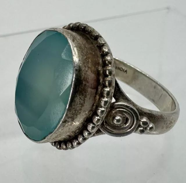 Sterling Silver Large Oval Aqua Chalcedony Ring - India - Sz 7.5