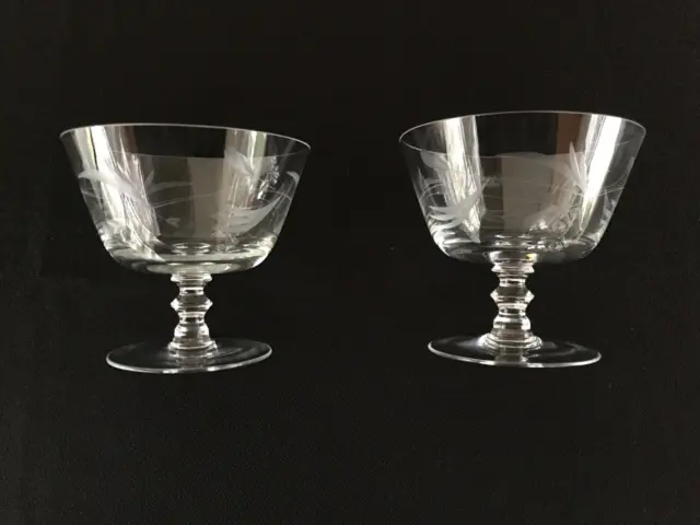 VINTAGE CRYSTAL PARFAIT GLASSES ETCHED LAUREL DESIGN, FOOTED, 1950s, PAIR (2)