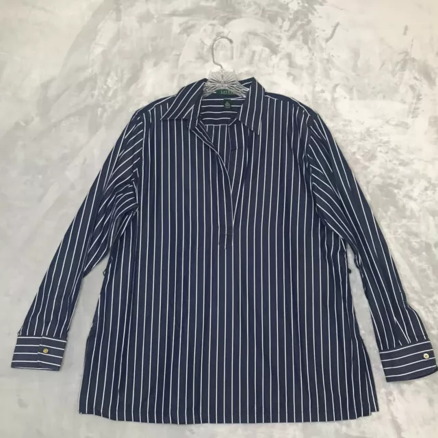 Lauren Ralph Lauren Tunic Top Womens XL Blue White Stripe Cotton Poplin V Neck