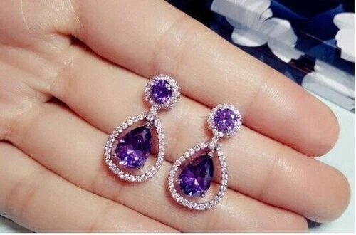 14k Rose Gold Plated Women's Drop/Dangle Earring 3CT Pear Lab Created Amethyst
